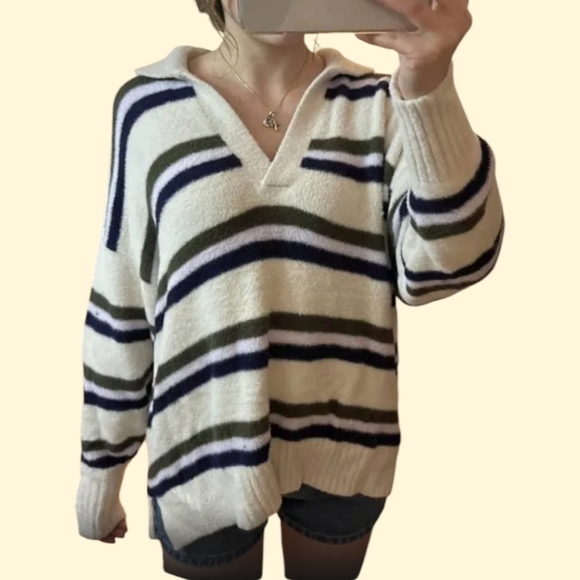 Nwt Aerie Navy Stripes Oversized Henle Neckline Sweater Sz Medium - Picture 4 of 4